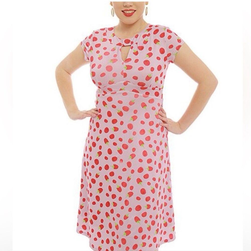 Lindy Bop Women Midi Dress Sz 6 Raspberry Print Cottagcore Retro Stretch 50s